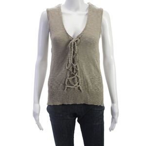 Roi Womens Beige Cotton Linen V Neck Lace Up Sleeveless Basic Vest Size XS